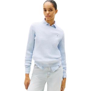 Tommy Hilfiger Womens Fine Gauge Cable Knit Crew Neck Sweater Lightweight Pullover(Breezy Blue)
