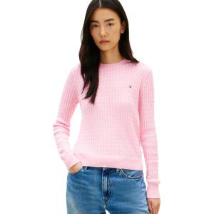 Tommy Hilfiger Womens Fine Gauge Cable Knit Crew Neck Sweater Lightweight Pullover(Classic Pink)