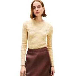 Tommy Hilfiger Womens Fine Gauge Cable Knit Crew Neck Sweater Lightweight Pullover(Harvest Wheat)