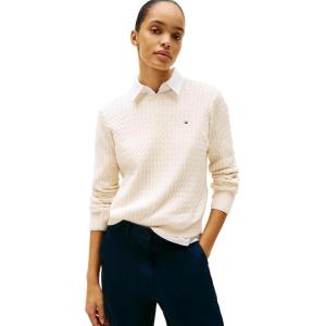 Tommy Hilfiger Womens Fine Gauge Cable Knit Crew Neck Sweater Lightweight Pullover(Heather Ivory Petal)
