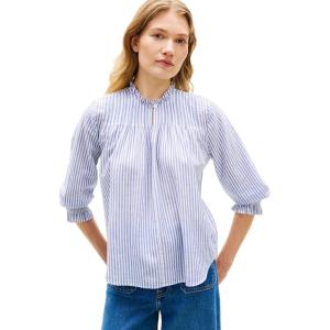 Tommy Hilfiger Womens Lightweight 3/4 Sleeve Cotton Top Collarless Blouse(Banker Stripe Ecru/Blue Orbit)