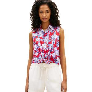 Tommy Hilfiger Womens Lightweight Cotton Sleeveless Button Down Shirt with Front Tie Blouse(Dense Hibiscus Primary Red)
