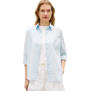 Tommy Hilfiger Womens Lightweight Linen Long Sleeve Button Down Shirt in Regular Fit with Roll Up Sleeve Linen Blouse(Breezy Blue)