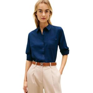 Tommy Hilfiger Womens Lightweight Linen Long Sleeve Button Down Shirt in Regular Fit with Roll Up Sleeve Linen Blouse(Dark Night Navy)
