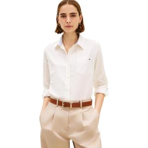 Tommy Hilfiger Womens Lightweight Linen Long Sleeve Button Down Shirt in Regular Fit with Roll Up Sleeve Linen Blouse(Ecru)