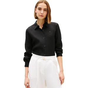 Tommy Hilfiger Womens Lightweight Linen Long Sleeve Button Down Shirt in Relaxed Fit Linen Blouse(Black)