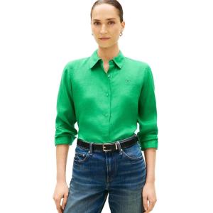 Tommy Hilfiger Womens Lightweight Linen Long Sleeve Button Down Shirt in Relaxed Fit Linen Blouse(Courtside Green)