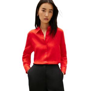 Tommy Hilfiger Womens Lightweight Linen Long Sleeve Button Down Shirt in Relaxed Fit Linen Blouse(Fireworks)