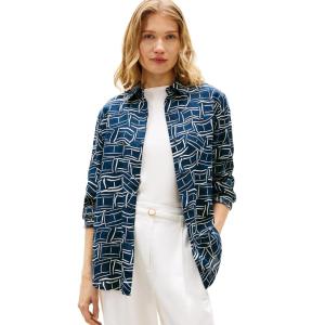 Tommy Hilfiger Womens Lightweight Linen Long Sleeve Button Down Shirt in Relaxed Fit Linen Blouse(Flag Feathers Dark Night Navy)