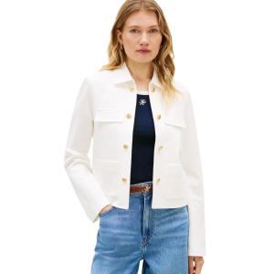 Tommy Hilfiger Womens Open Front Jacket Button Down Long Sleeve Business Casual Jacket(Ecru)
