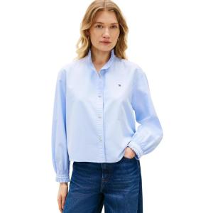 Tommy Hilfiger Womens Oxford Cropped Long Sleeve Button Down Shirt with Ruffle Detail(Mid Blue)