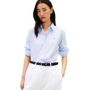 Tommy Hilfiger Womens Oxford Long Sleeve Button Down Shirt in Regular Fit with Side Detail(Classic Ithaca White Vessel Blue)
