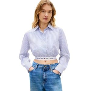 Tommy Hilfiger Womens Poplin Cropped Long Sleeve Button Down Shirt with Elastic Waistband(Misty Lazuli Blue Stripe)