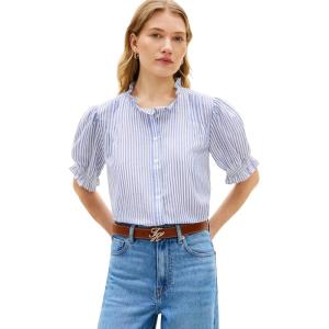 Tommy Hilfiger Womens Short Sleeve Button Down Blouse with Puff Sleeve, Women’s Button Down Shirts(Banker Stripe Ecru/Blue Orbit)