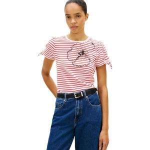 Tommy Hilfiger Womens Short Sleeve Cotton Crew Neck T-Shirt with Bow Tie Detail(Breton Stripe Ecru/Fireworks)