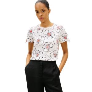 Tommy Hilfiger Womens Short Sleeve Cotton Crew Neck T-Shirt with Bow Tie Detail(Linear Poppy Watercolor)