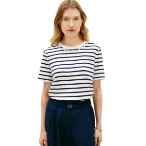 Tommy Hilfiger Womens Short Sleeve Cotton Crew Neck T-Shirt with Collar Embellishment(Ecru / Dark Night Navy Stripe)