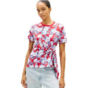 Tommy Hilfiger Womens Short Sleeve Cotton Crew Neck T-Shirt with Tie Knot Detail(Dense Hibiscus / Primary Red)