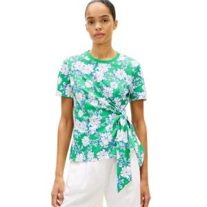 Tommy Hilfiger Womens Short Sleeve Cotton Crew Neck T-Shirt with Tie Knot Detail(Dense Hibiscus/ Jade Wink)