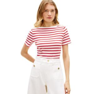 Tommy Hilfiger Womens Short Sleeve Cotton Graphic Crew Neck T-Shirt with Button Embellished Shoulder Design(Breton Stripe Ecru/Fireworks)