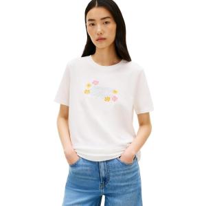 Tommy Hilfiger Womens Short Sleeve Cotton Graphic Logo Crew Neck T-Shirts(Ecru/Flowers)