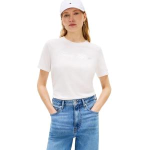 Tommy Hilfiger Womens Short Sleeve Cotton Graphic Logo Crew Neck T-Shirts(Ecru/Silver)