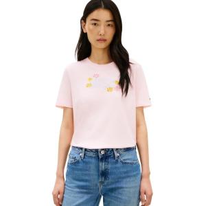 Tommy Hilfiger Womens Short Sleeve Cotton Graphic Logo Crew Neck T-Shirts(Light Pink/Flowers)