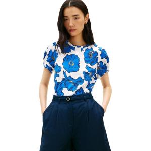Tommy Hilfiger Women’s Short Sleeve Cotton Graphic T-Shirts with Puff Cuffs and Embroidered Flag Logo(Pop Art Floral Ecru)