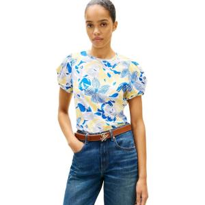 Tommy Hilfiger Women’s Short Sleeve Cotton Graphic T-Shirts with Puff Cuffs and Embroidered Flag Logo(Spring Garden Blue Orbit/Citronella)