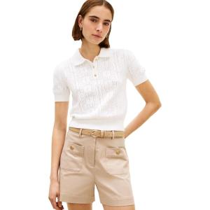 Tommy Hilfiger Womens Short Sleeve Cotton Polo Sweater Pointelle Knit Cropped Polo Shirt with Puff Sleeve(Ecru)