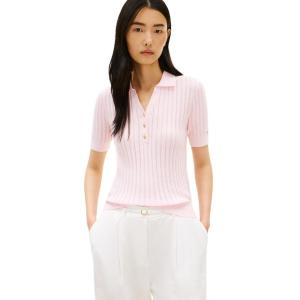 Tommy Hilfiger Womens Short Sleeve Cotton Polo Sweater Pointelle Ribbed Knit V Neck Polo Shirt(Light Pink)