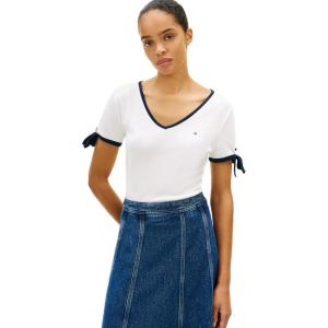 Tommy Hilfiger Womens Short Sleeve Cotton V-Neck T-Shirt with Bow Tie Detail(Ecru)