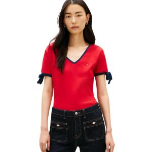 Tommy Hilfiger Womens Short Sleeve Cotton V-Neck T-Shirt with Bow Tie Detail(Primary Red)