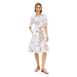 Tommy Hilfiger Womens Short Sleeve Linen Shirt Midi Dress with Pockets(Linear Poppy Watercolor)