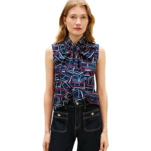 Tommy Hilfiger Womens Sleeveless Cotton Button Down Shirt Bow Tie Detail Blouse(Flag Feathers Dark Night Navy Fireworks)