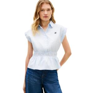 Tommy Hilfiger Womens Sleeveless Cotton Button Down Shirt Smocked Waist Blouse Peplum Top(Banker Stripe Vessel Blue / White)
