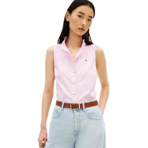 Tommy Hilfiger Womens Sleeveless Cotton Button Down Shirt with Collar Detail(Classic Ithaca White Rose Petal)