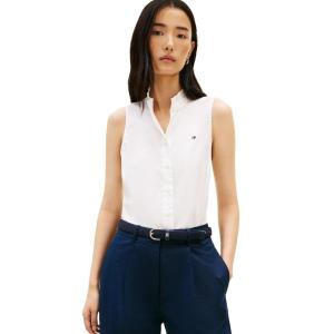 Tommy Hilfiger Womens Sleeveless Cotton Button Down Shirt with Collar Detail(Ecru)