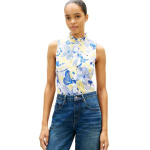 Tommy Hilfiger Womens Sleeveless Cotton Button Down Shirt with Collar Detail(Spring Garden Blue Orbit/Citronella)