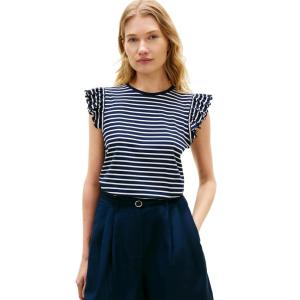 Tommy Hilfiger Womens Sleeveless Cotton Crew Neck T-Shirts with Flutter Sleeve(Dark Night Navy / Ecru Stripe)