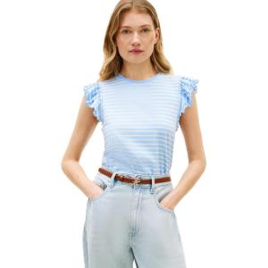 Tommy Hilfiger Womens Sleeveless Cotton Crew Neck T-Shirts with Flutter Sleeve(Vessel Blue / Ecru Stripe)