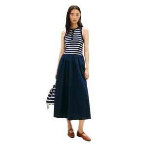 Tommy Hilfiger Womens Sleeveless Cotton Midi Dress with Pockets and Stretch(Breton Stripe Dark Night / Ecru)