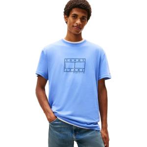 Tommy Jeans Men’s Short Sleeve Cotton Graphic T-Shirts with Printed Distressed Flag Logo(Light Horizon Blue)