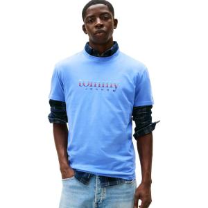 Tommy Jeans Men’s Short Sleeve Cotton Graphic T-Shirts with Signature Printed Archival Graphic(Light Horizon Blue)