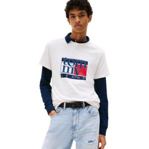 Tommy Jeans Men’s Short Sleeve Cotton T-Shirts with Flag and Logo Graphic(Ancient White)