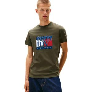 Tommy Jeans Men’s Short Sleeve Cotton T-Shirts with Flag and Logo Graphic(Pewter Green)
