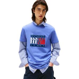 Tommy Jeans Men’s Short Sleeve Cotton T-Shirts with Flag and Logo Graphic(Soft Sapphire)