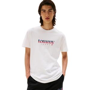 Tommy Jeans Men’s Short Sleeve Cotton T-Shirts with Printed Two-Tone Logo Graphic(Ecru)