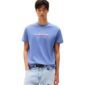 Tommy Jeans Men’s Short Sleeve Cotton T-Shirts with Printed Two-Tone Logo Graphic(Soft Sapphire)