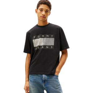 Tommy Jeans Men’s Short Sleeve Solid Cotton Graphic T-Shirts with Distressed Flag Logo(Black)